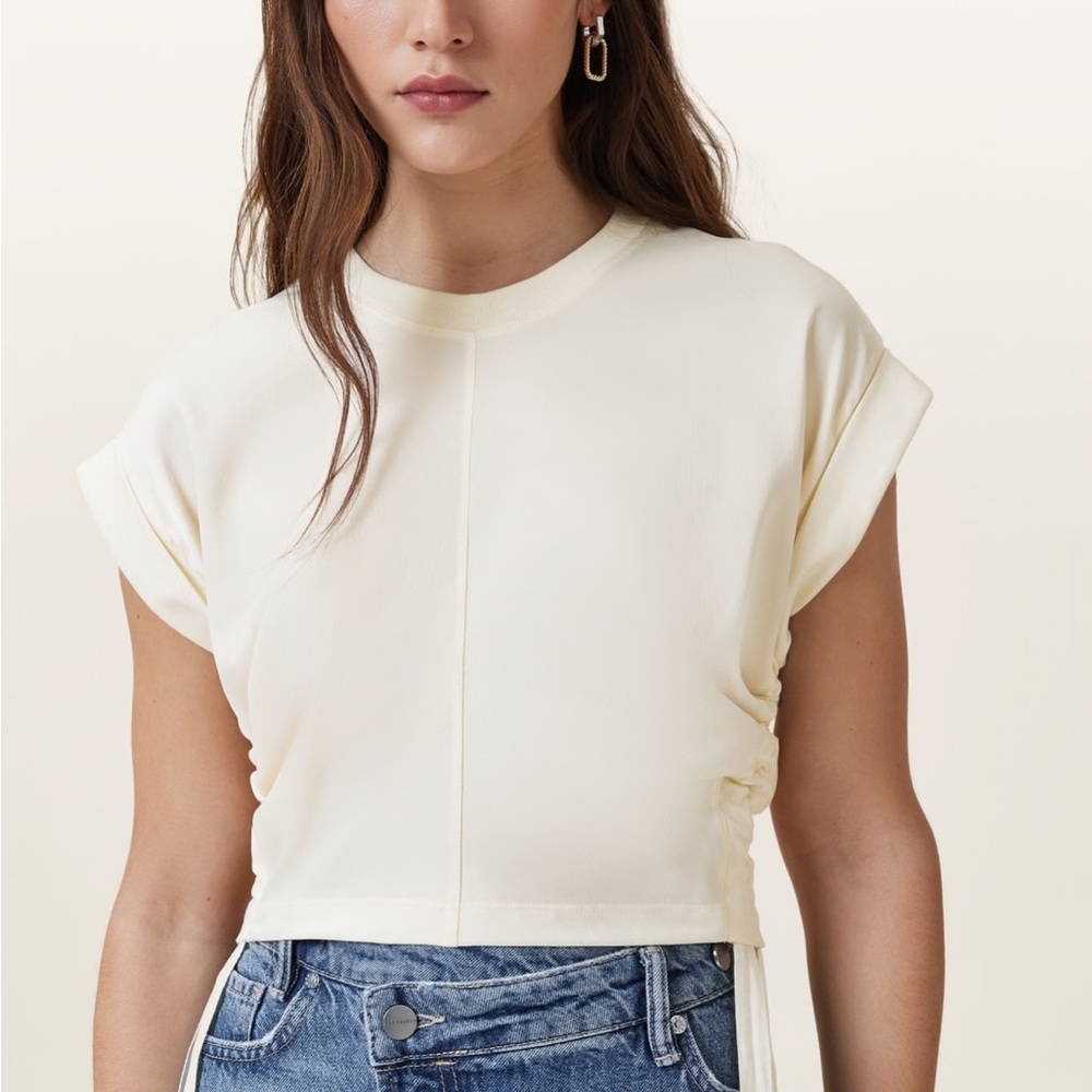 All Saints Mira Tee White Ruched Crop Cap Sleeve T-Shirt